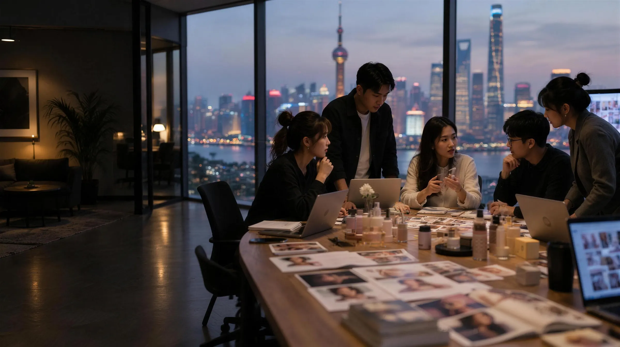 상하이 야경이 보이는 사무실에서 한국과 중국 팀이 제품 샘플을 두고 캠페인을 논의하는 모습