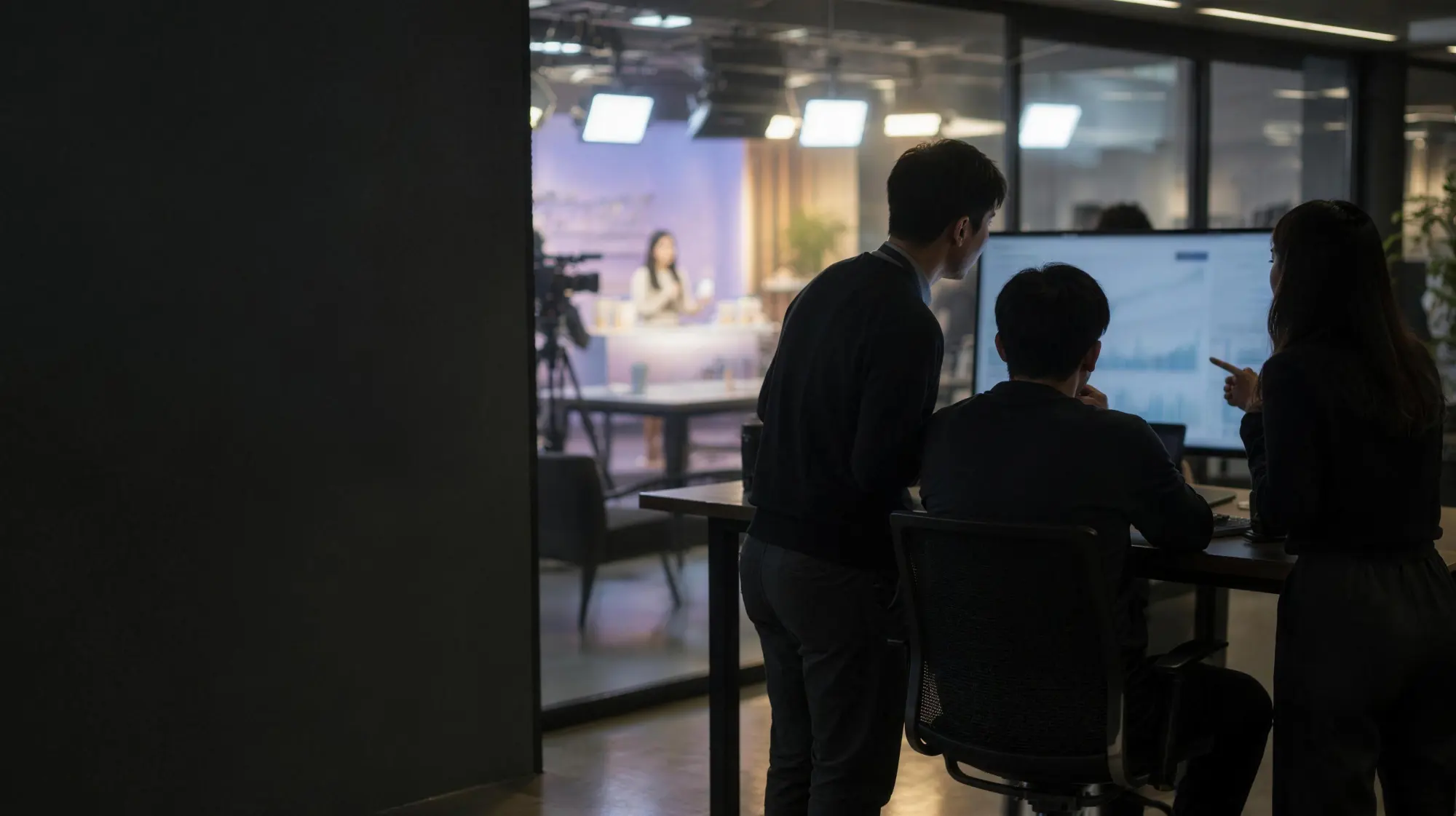 마케팅 팀이 성과 화면을 보며 전략을 논의하고, 유리벽 너머로 라이브 스튜디오가 보이는 모습