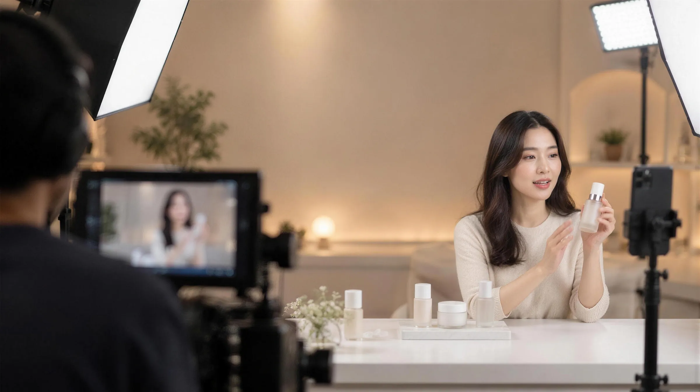 스튜디오 조명 아래에서 셀러가 스킨케어 제품을 소개하며 라이브 방송을 하고, 카메라 모니터에 방송 화면이 비치는 모습